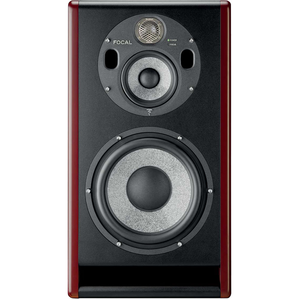 Focal Trio11 BE active nearfield monitors showing sleek black design with front control knobs and speaker grille.