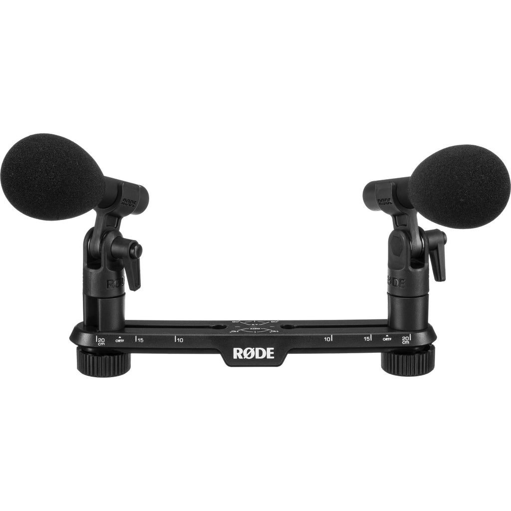 Rode TF-5 condenser microphone with dual capsules, black finish, and professional audio recording setup.