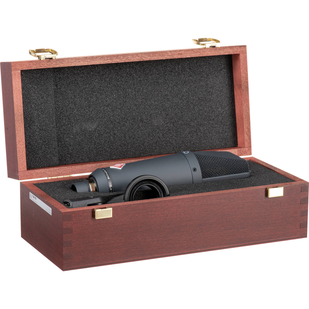 Neumann TLM 193 condenser microphone with a sleek black body and metal grille, designed for studio recording.