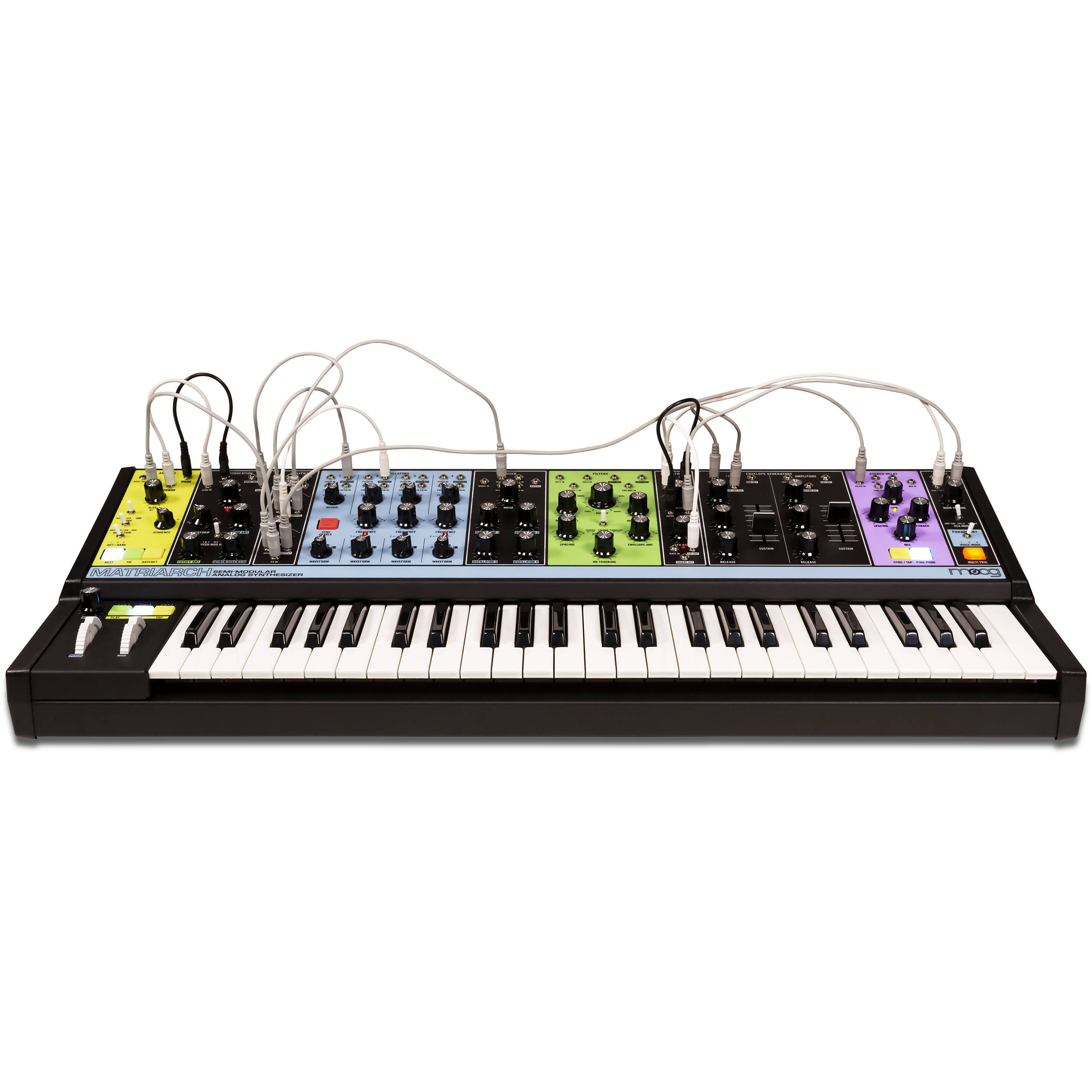 Moog Matriarch synthesizer with various knobs, patch points, and keyboard, showcasing its analog modular design.