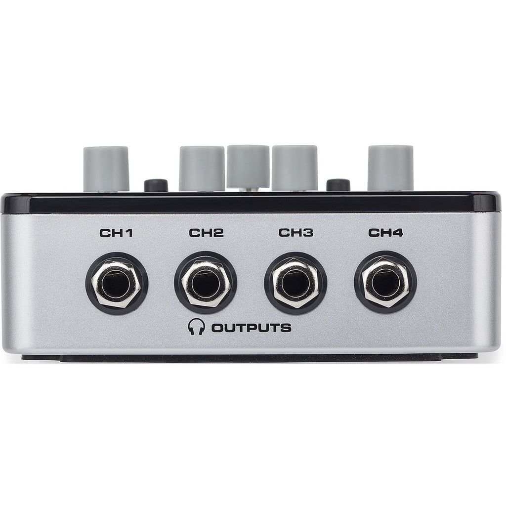 Samson QH4 headphone preamps with four channels and sleek design, ideal for studio monitoring and headphone distribution.