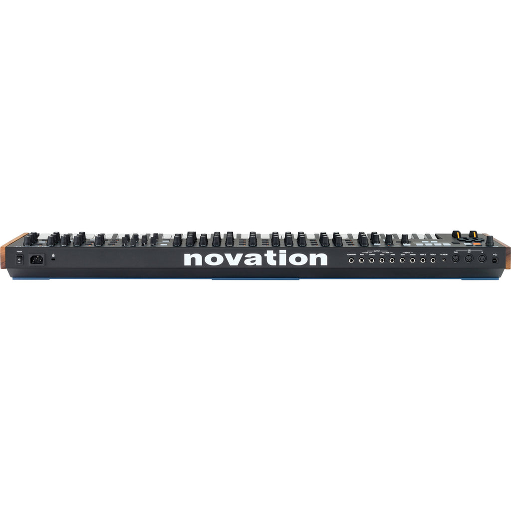 Novation Summit synthesizer with multiple knobs, buttons, and a large display screen, showcasing its professional audio equipment features.
