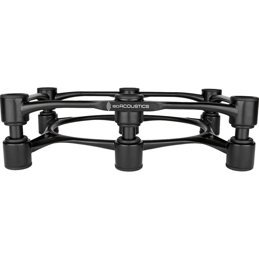 IsoAcoustics Aperta300 studio monitor stands with sleek design and adjustable height for optimal speaker placement.