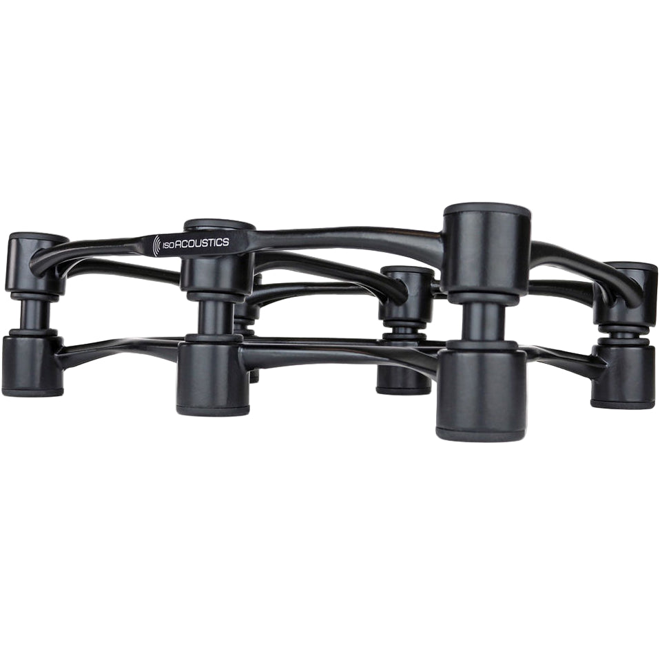 IsoAcoustics Aperta300 studio monitor stands with sleek black design, featuring adjustable height and sturdy construction for optimal audio.
