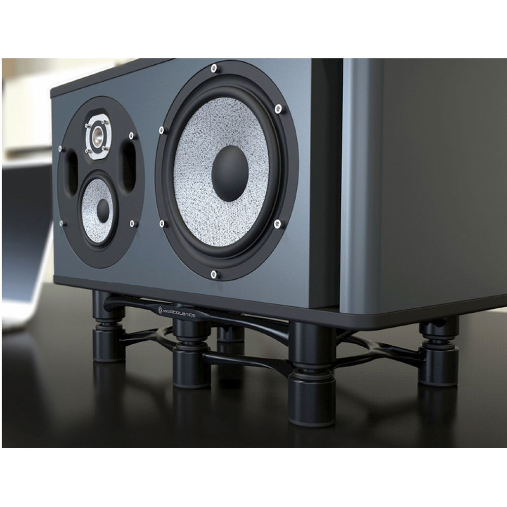 IsoAcoustics Aperta300 studio monitor stands with sleek black design and adjustable height for optimal audio positioning.