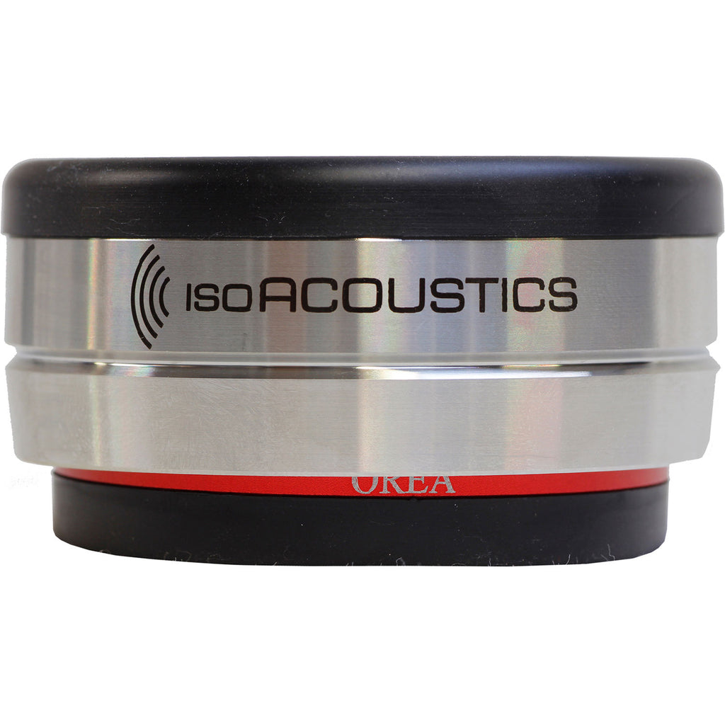 IsoAcoustics Orea Bordeaux studio monitor stands with sleek design, supporting audio equipment for optimal sound clarity.