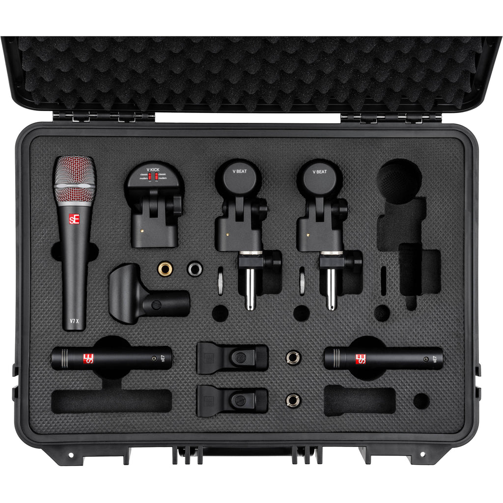 sE Electronics V Pack Club dynamic microphones set with multiple handheld microphones on a stand.