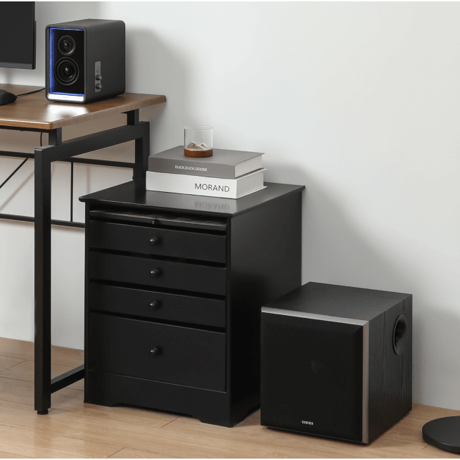 Edifier T5 powered subwoofer with sleek black design, featuring control knobs and port for enhanced bass performance