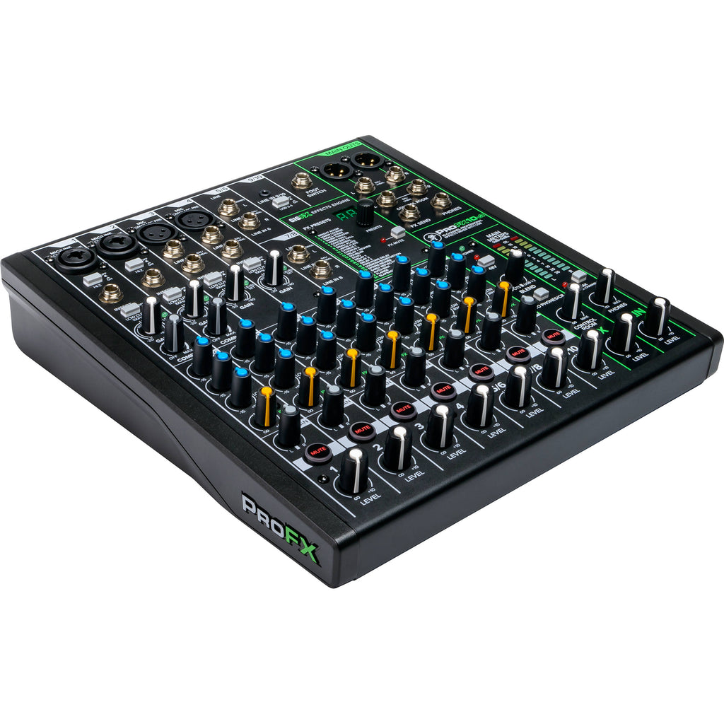 Mackie ProFX10v3 analog mixer with multiple input channels and built-in effects, displayed from a top angle.