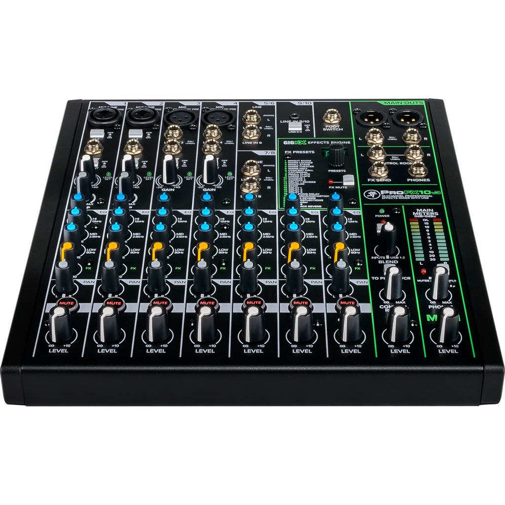 Mackie ProFX10v3 analog mixer with multiple input channels and built-in effects, shown from a top angle.
