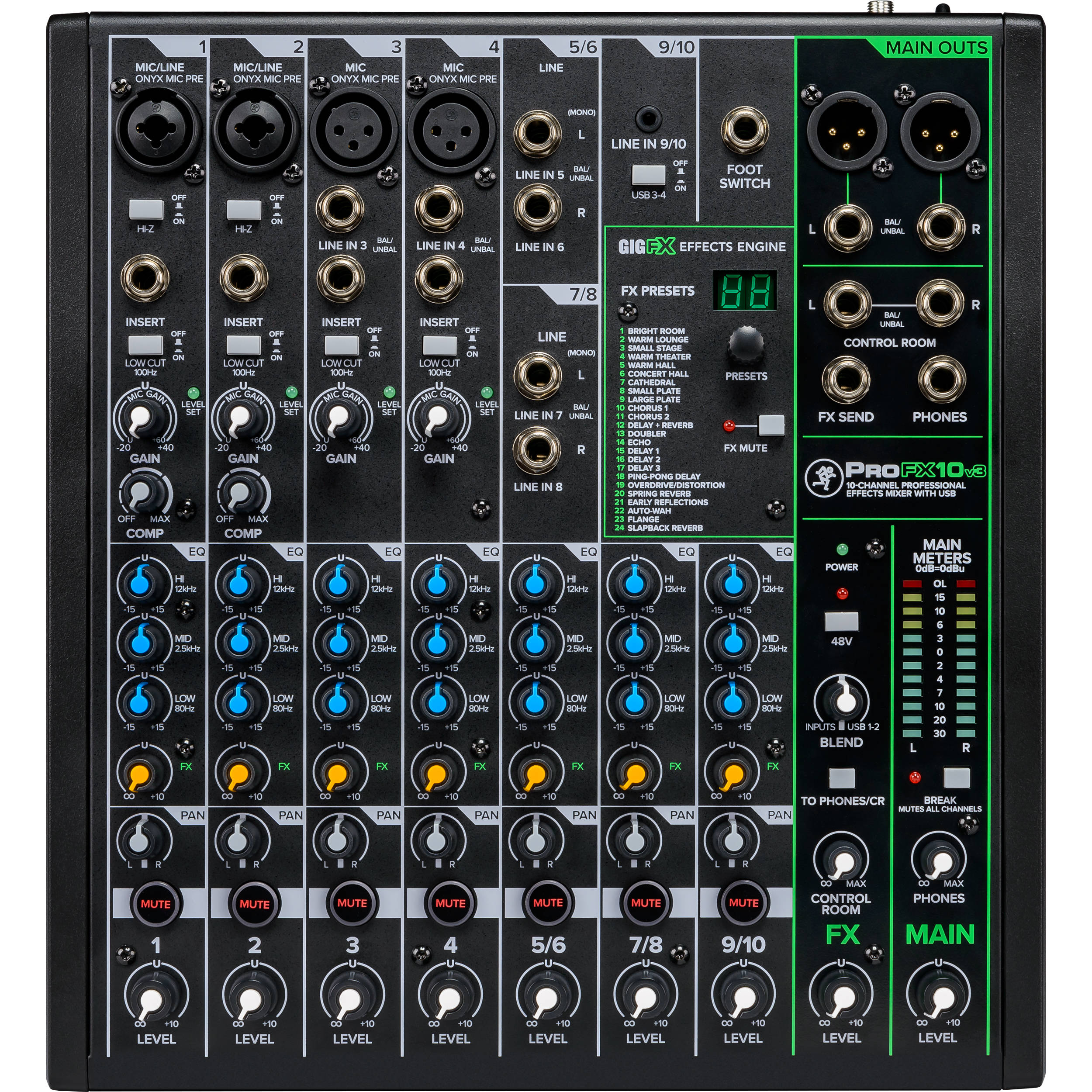 Mackie ProFX10v3 analog mixer with multiple input channels and built-in effects, displayed from an angled perspective.
