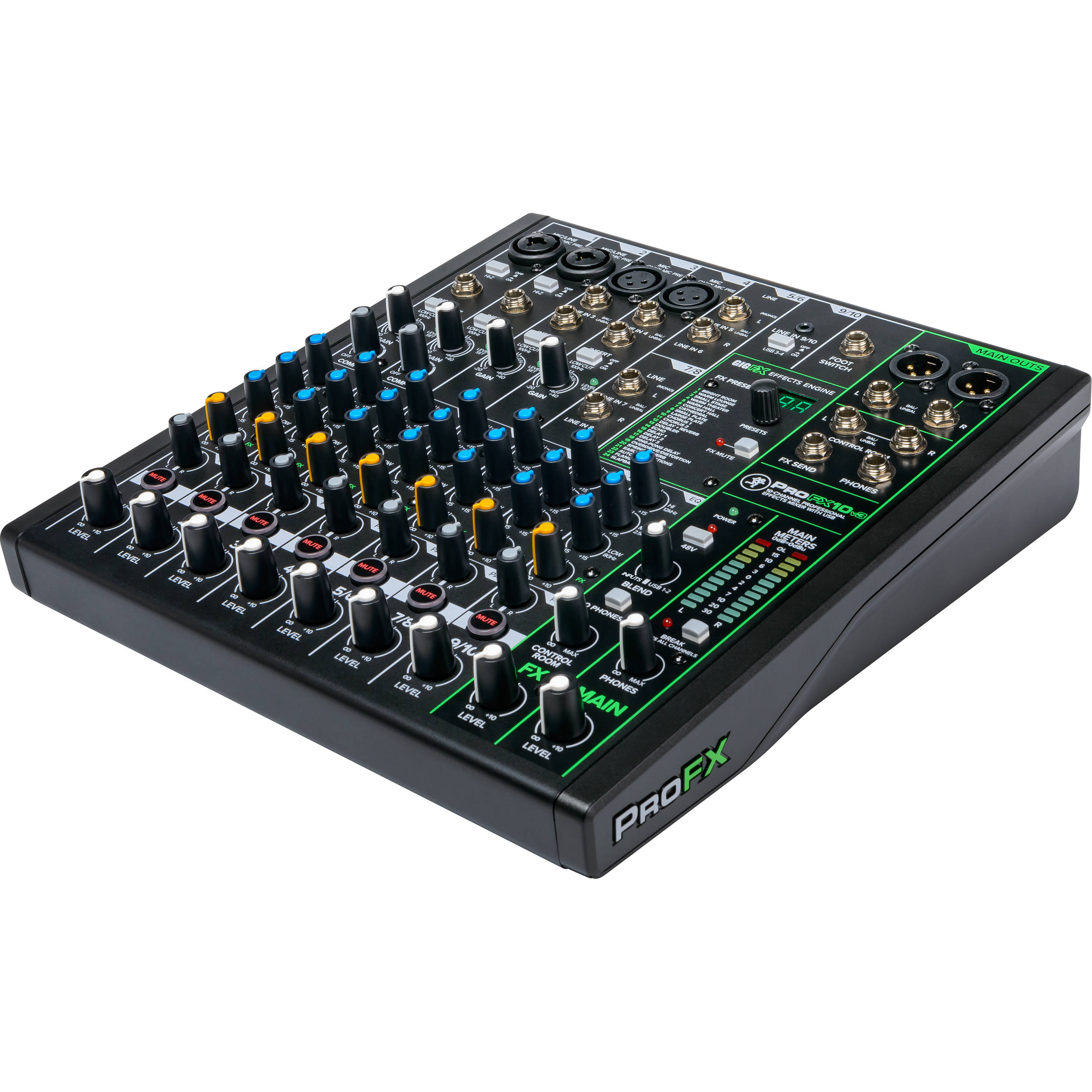 Mackie ProFX10v3 analog mixer with multiple channels and EQ controls displayed on a wooden surface.