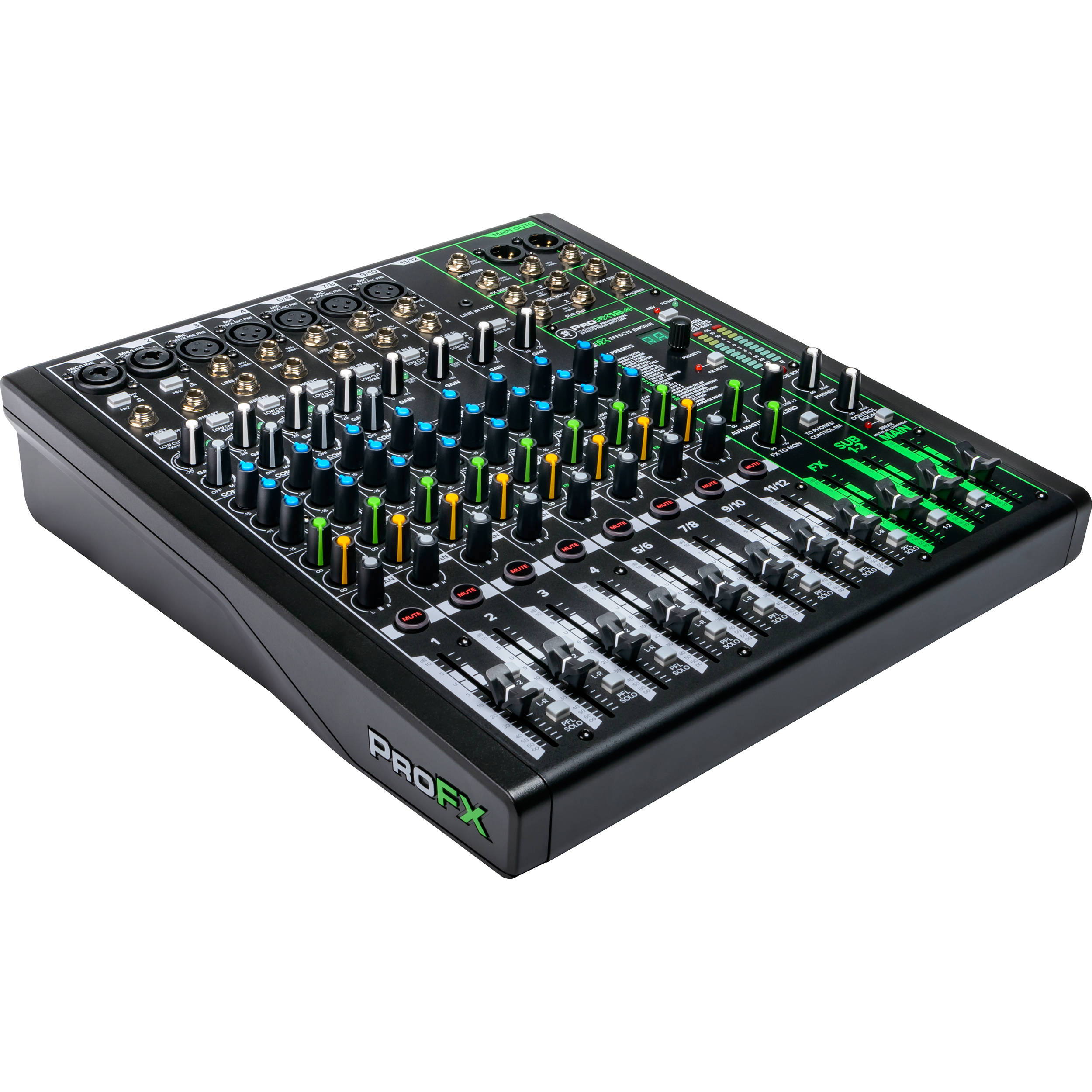 Mackie ProFX12v3 analog mixer with multiple input channels, knobs, and sliders for professional audio mixing.