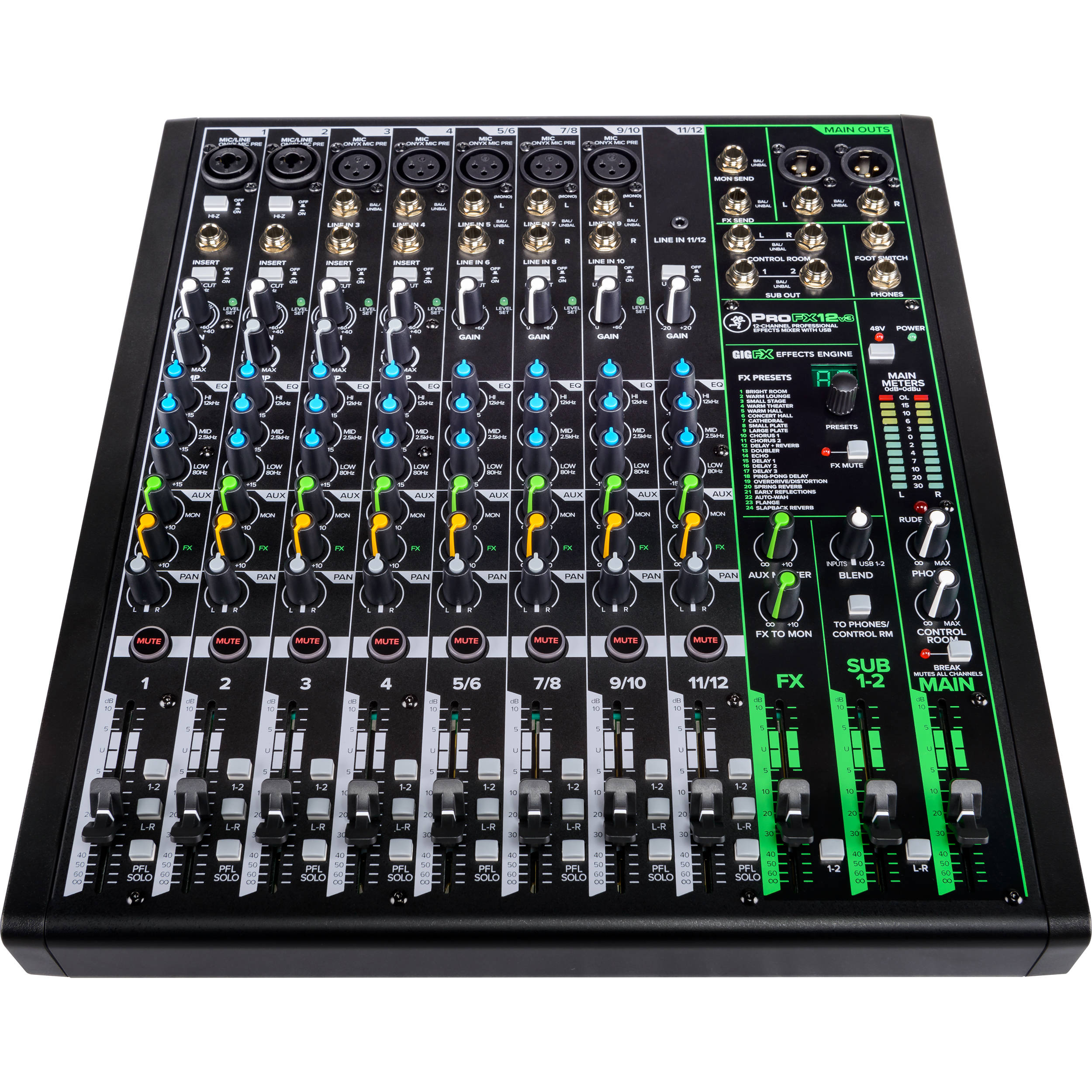 Mackie ProFX12v3 analog mixer with multiple channels, knobs, and input jacks for professional audio mixing.