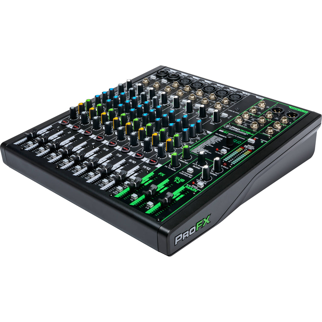 Mackie ProFX12v3 analog mixer with multiple input channels, knobs, and sliders for audio mixing and sound control.