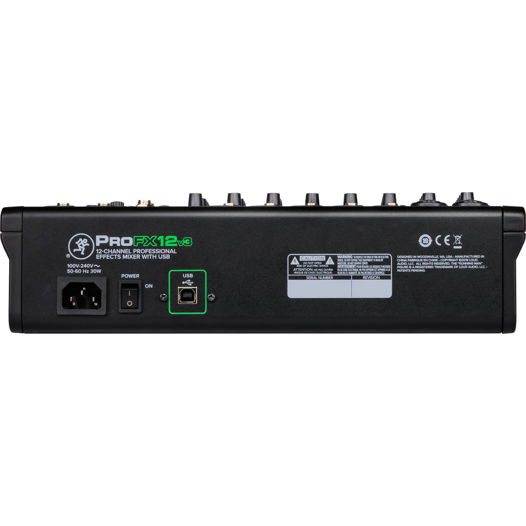 Mackie ProFX12v3 analog mixer with multiple input channels, knobs, and sliders for professional audio mixing.