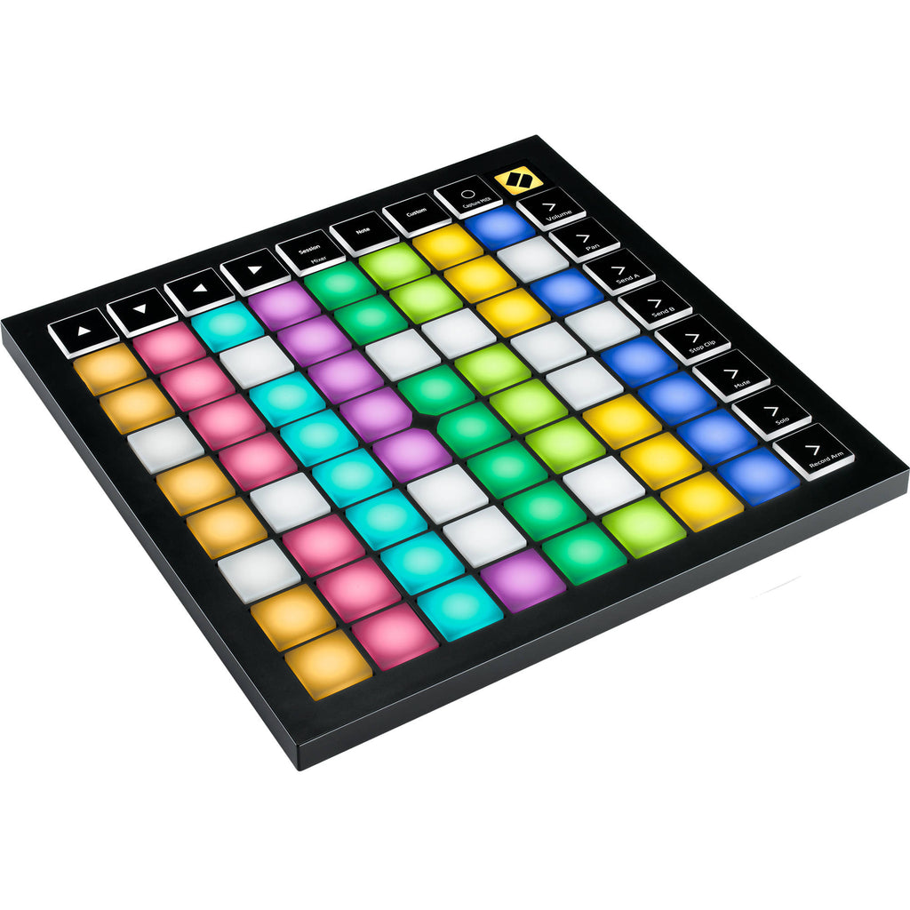 Novation Launchpad X MIDI grid controller with colorful pad buttons and USB connection for music production and live performances.
