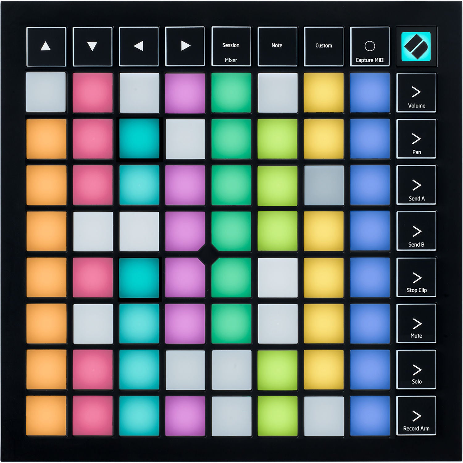Novation Launchpad X MIDI grid controller with colorful pads and knobs for music sequencing and performance.