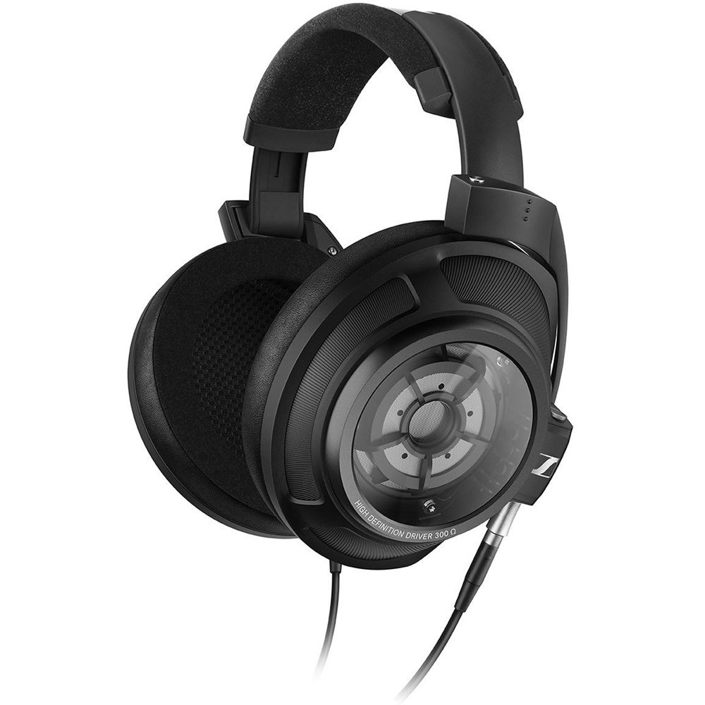 Close-up of Sennheiser HD 820 head-fi headphones with transparent ear cups and sleek black design.