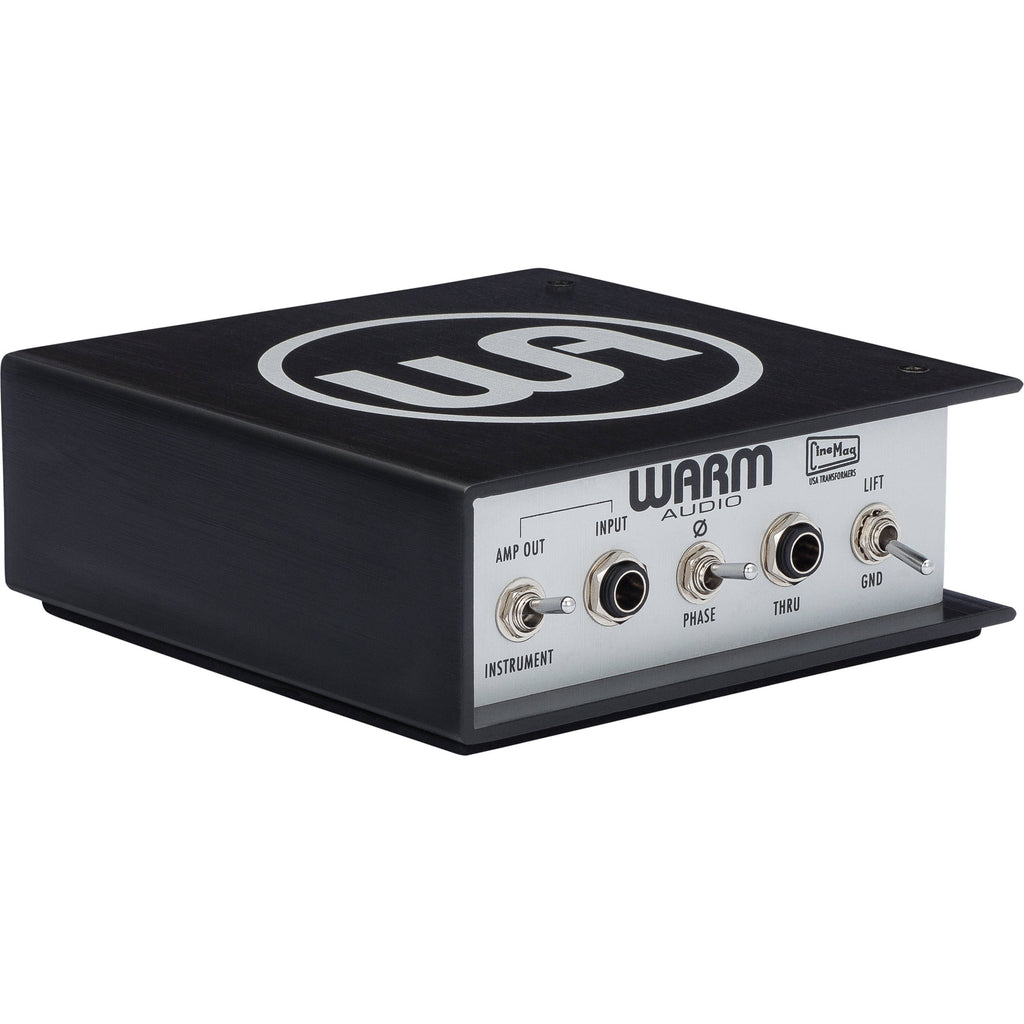 Warm Audio WA-DI-A DI box shown with input and output jacks, compact design, and sturdy metal construction.