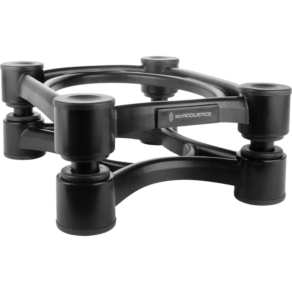 IsoAcoustics ISO-200SUB studio monitor stands with sleek design and adjustable height for optimal audio setup.