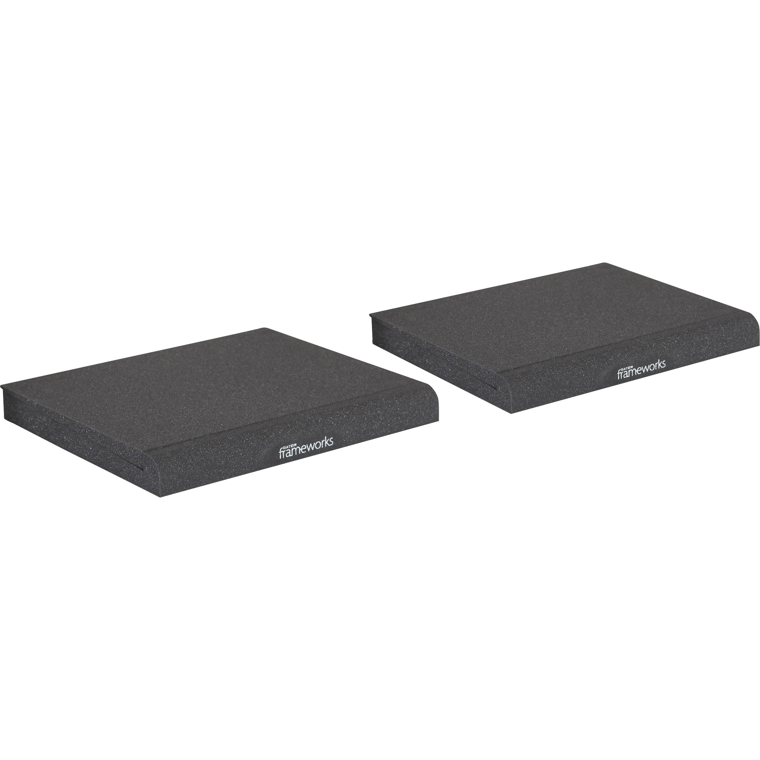 Gator Studio Monitor Isolation Pads on studio monitor stands, reducing vibrations and enhancing sound clarity during audio production.