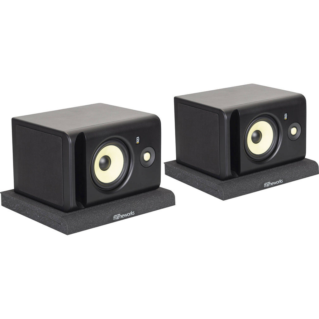 Gator Studio Monitor Isolation Pads on studio monitor stands, designed to reduce vibration and improve sound clarity.