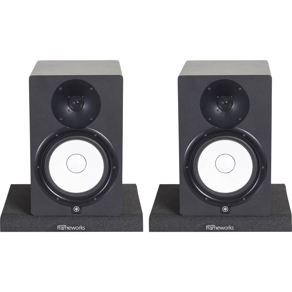 Gator Studio Monitor Isolation Pads on studio monitor stands for improved sound clarity and vibration reduction.