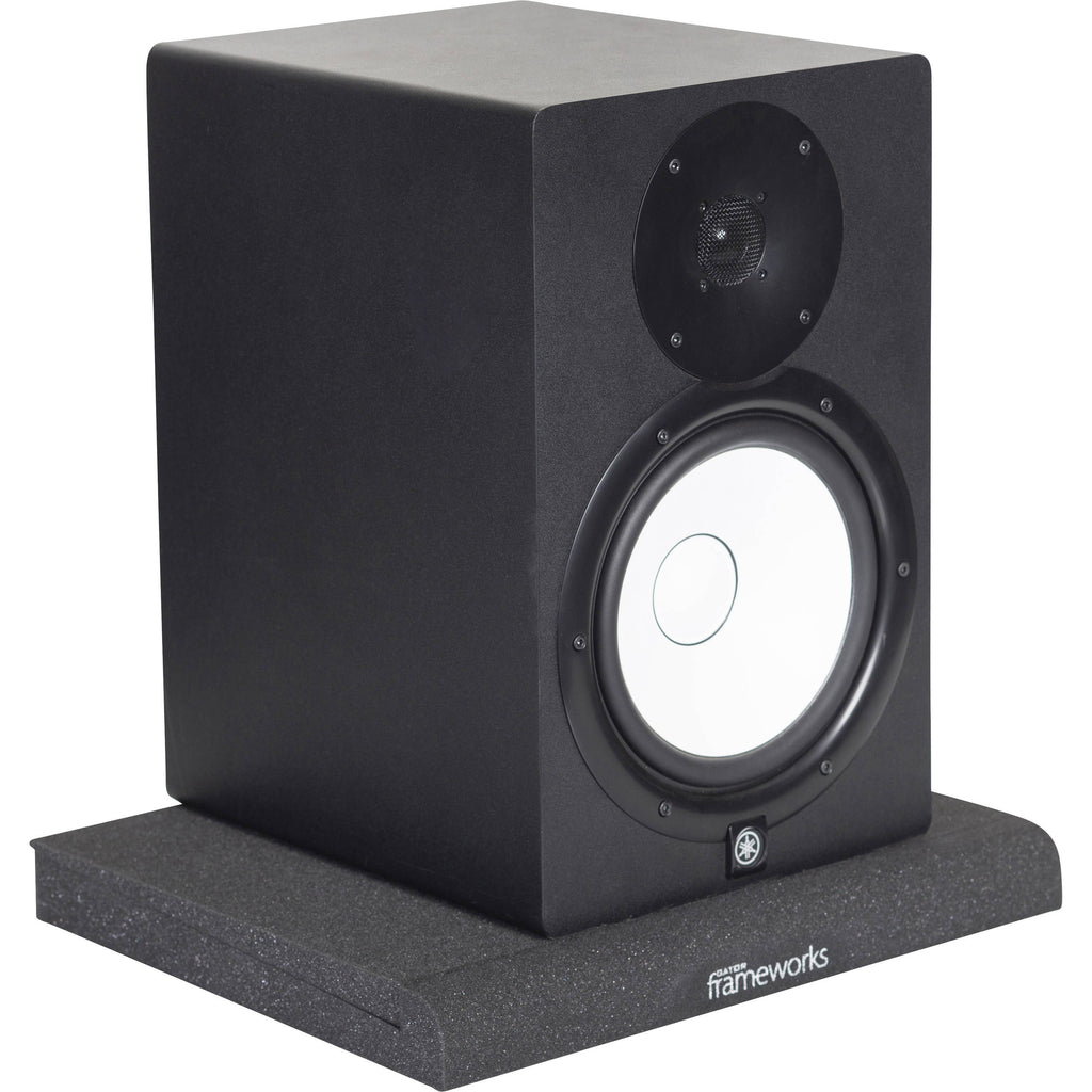 Gator Studio Monitor Isolation Pads on studio monitor stands, providing vibration reduction and improved sound clarity.