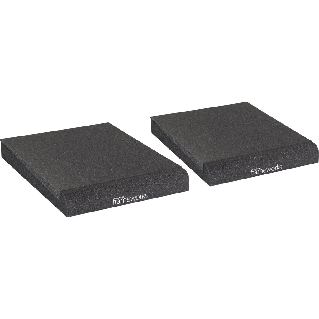 Gator Studio Monitor Isolation Pads placed on studio monitor stands for sound isolation and improved audio clarity
