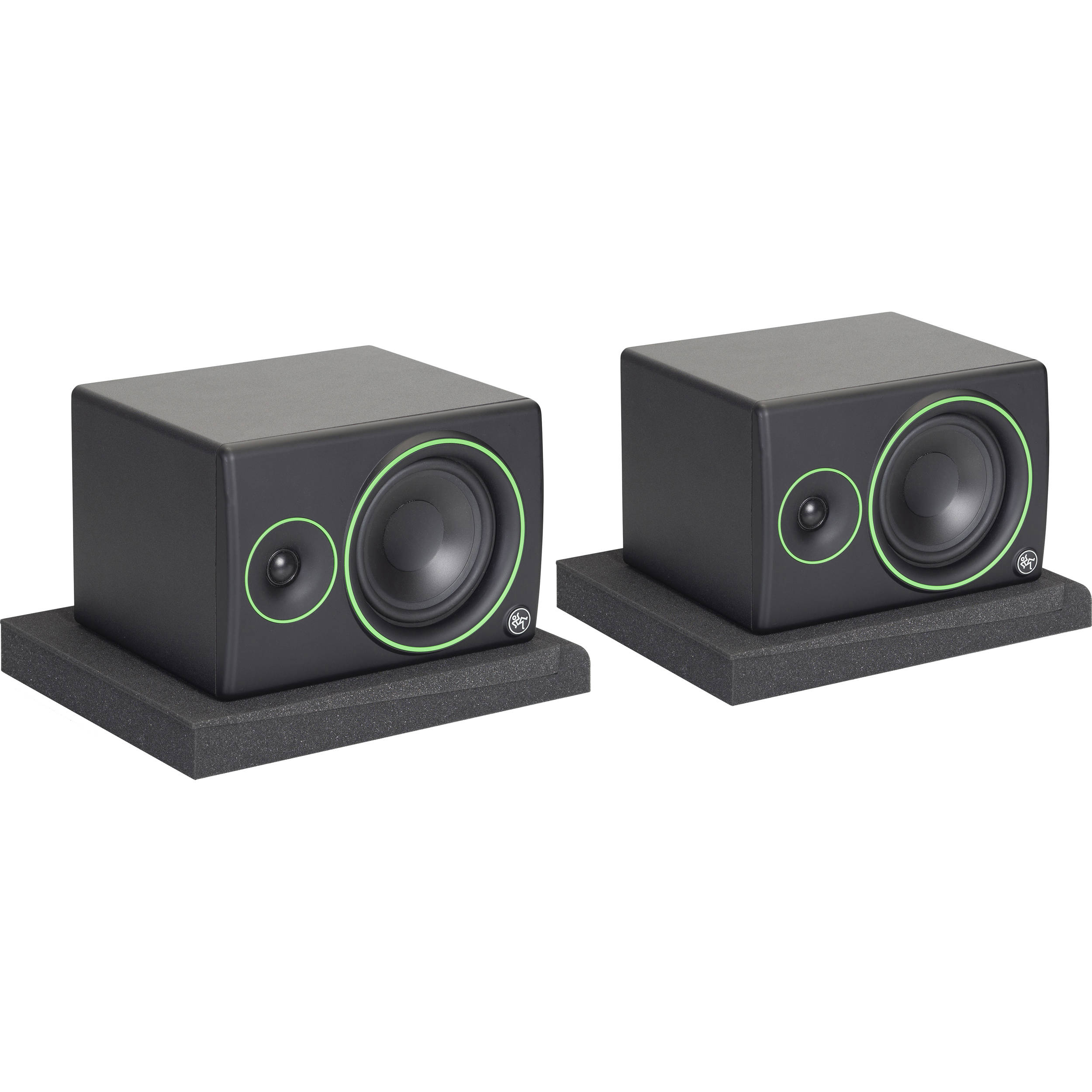 Gator Studio Monitor Isolation Pads on black studio monitor stands for improved sound isolation and stability.