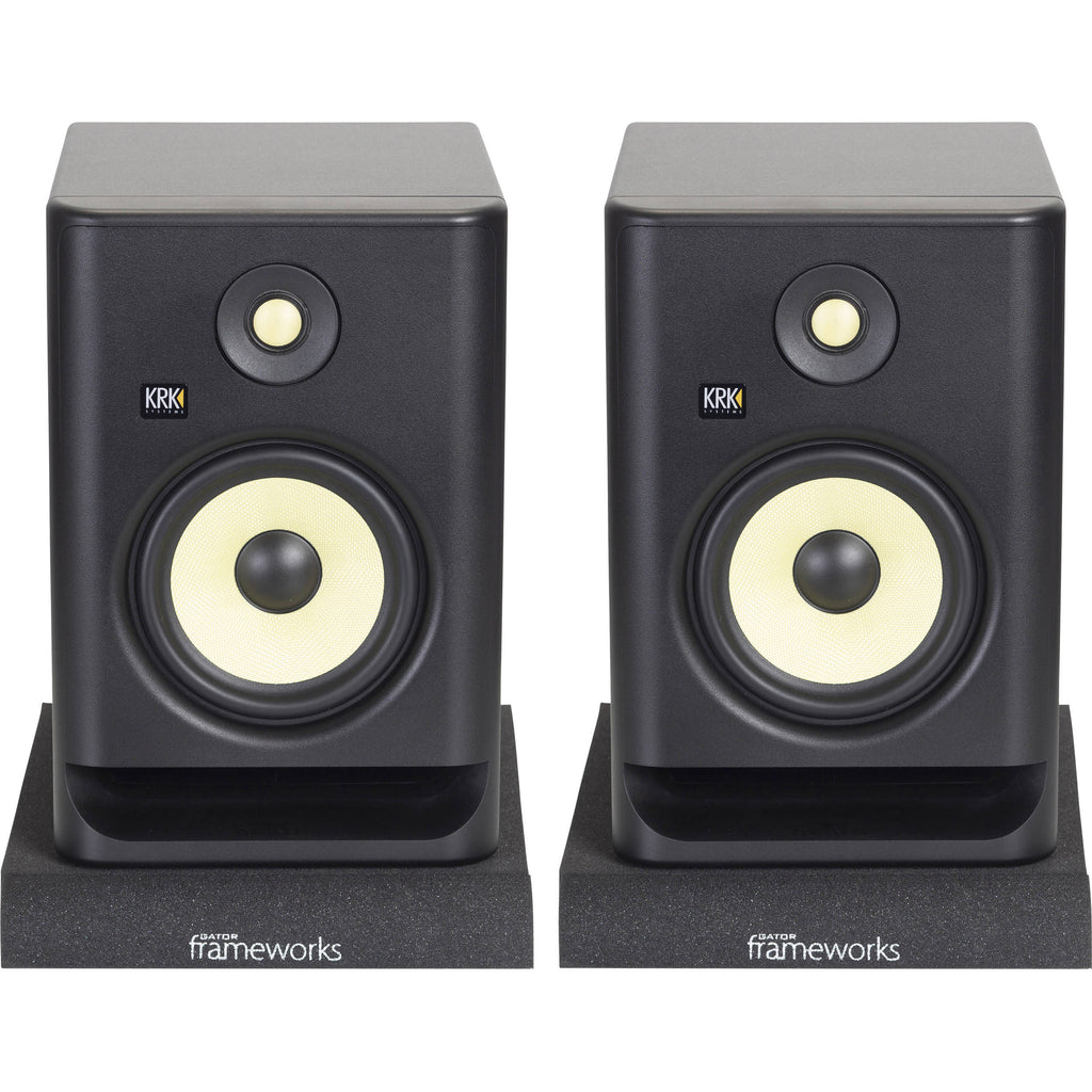 Gator Studio Monitor Isolation Pads placed on studio monitor stands to reduce vibrations and improve sound clarity.