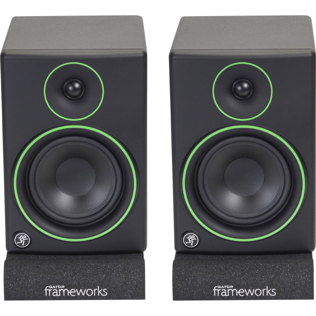 Gator Studio Monitor Isolation Pads placed on studio monitor stands for sound isolation and improved audio clarity.