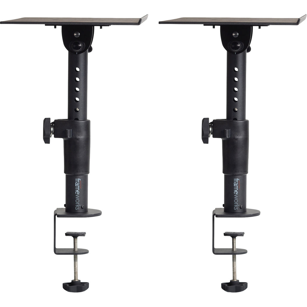 Gator Frameworks clamp-on studio monitor stands with adjustable arms and sturdy construction for professional audio setup.