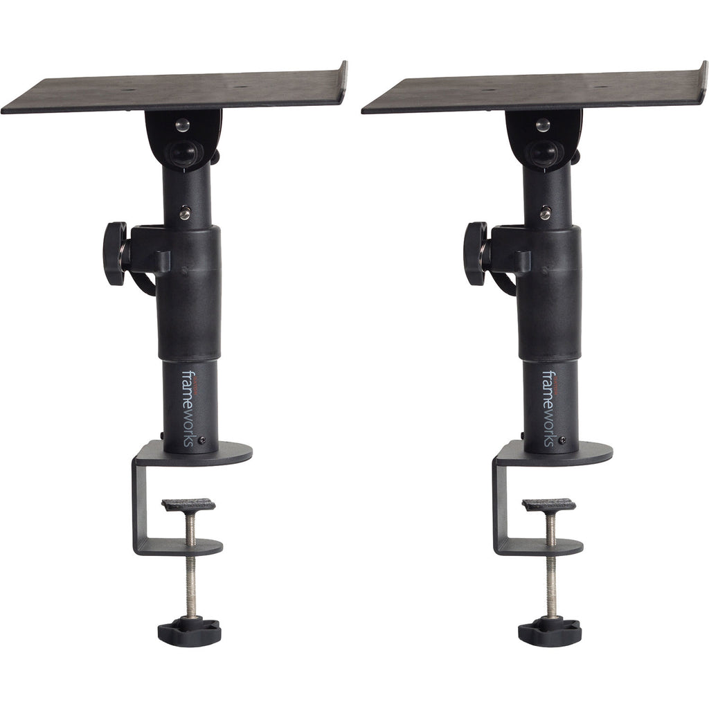 Gator Frameworks clamp-on studio monitor stands with adjustable arms and black finish, designed for professional audio setup.