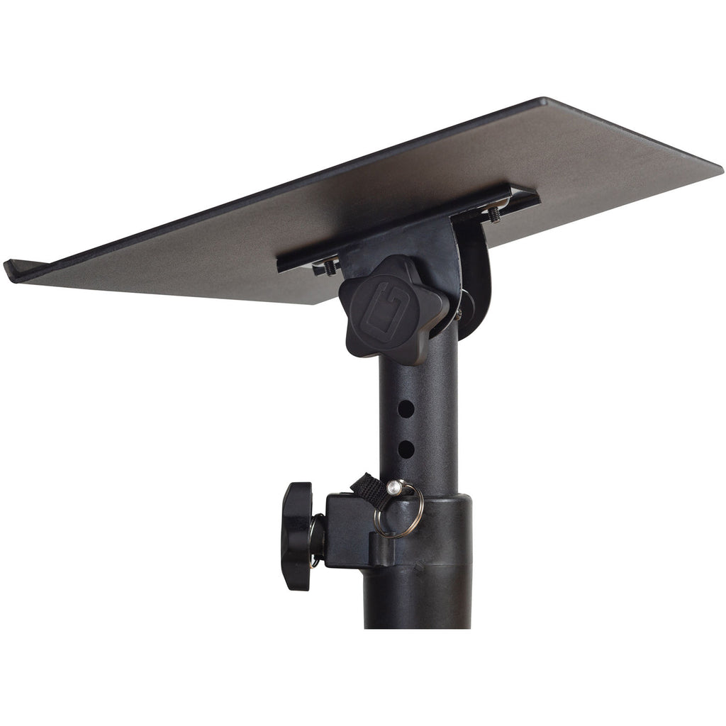 Gator Clamp-On Studio Monitor Stands with adjustable arms and sturdy black metal construction for professional audio setups.