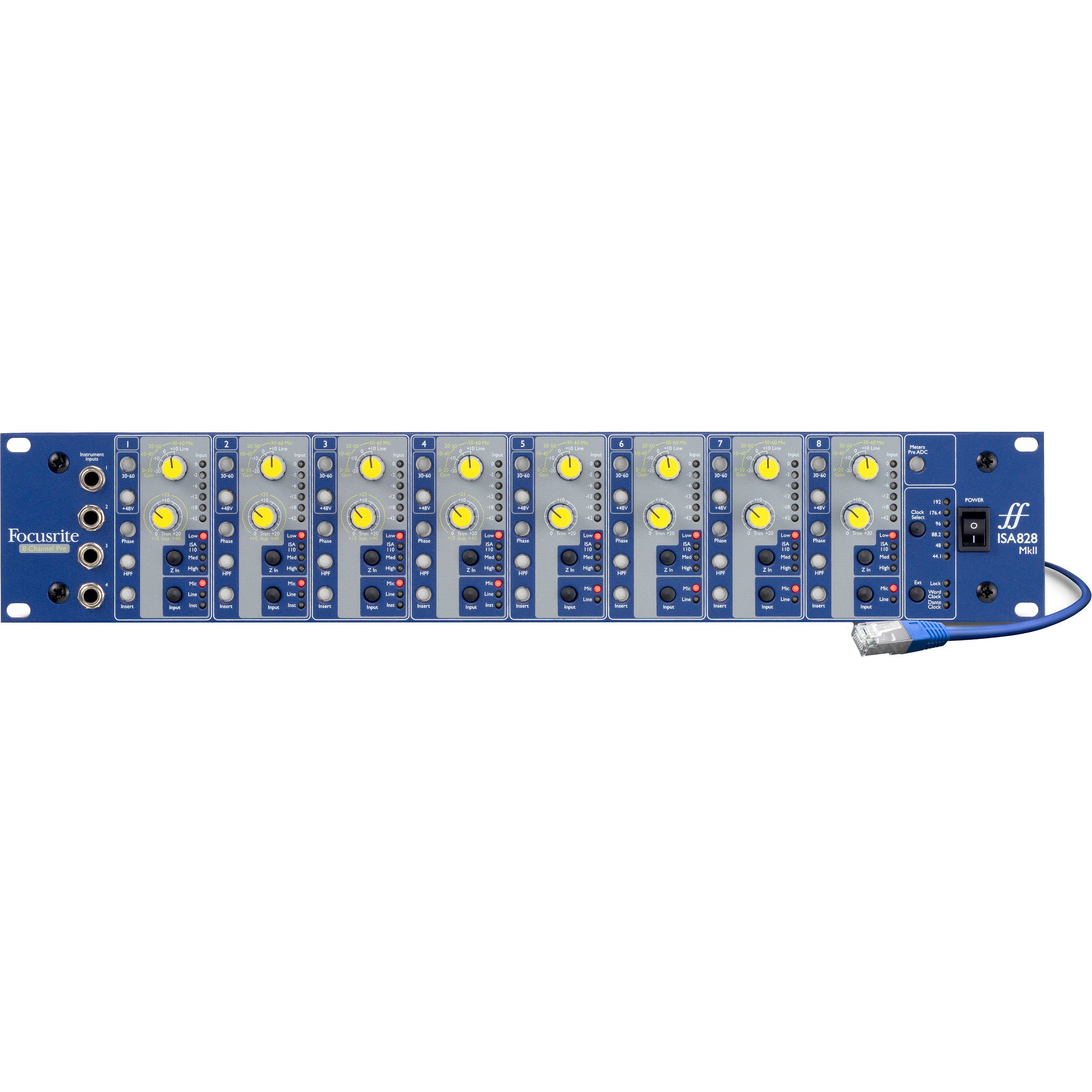 Focusrite ISA 828 MK2 microphone preamp with multiple input channels and professional audio equipment for studio recording.
