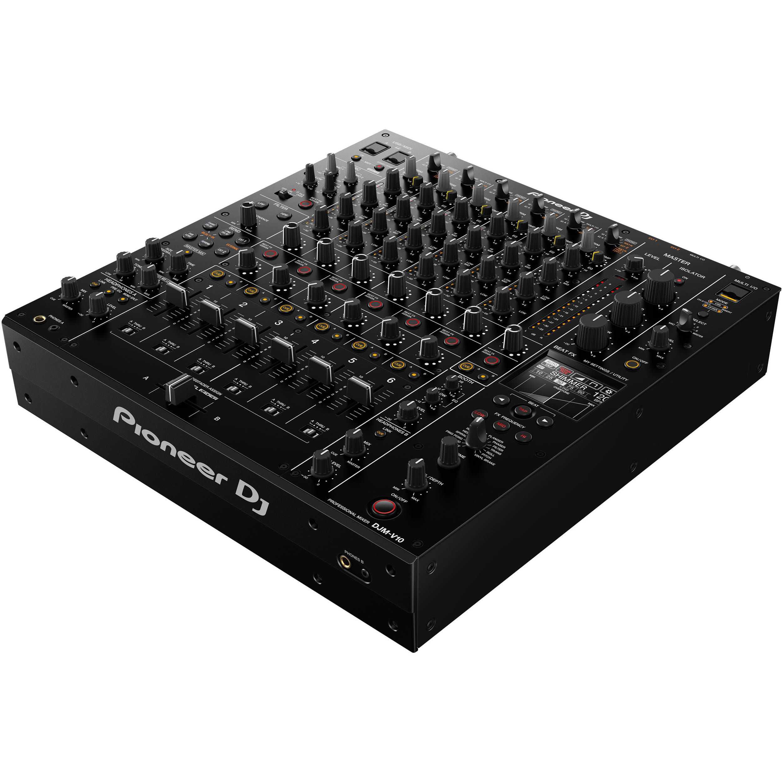Pioneer DJ DJM-V10 DJ mixer with multiple channels, colorful controls, and professional audio interface for DJs.