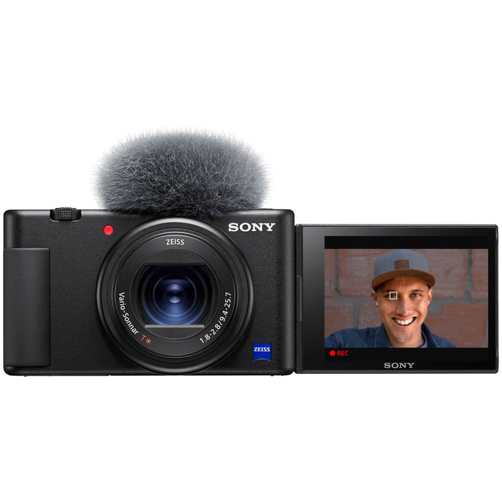Sony ZV-1 video camera with compact design, flip-out screen, and built-in microphone for high-quality vlogging and content creation.