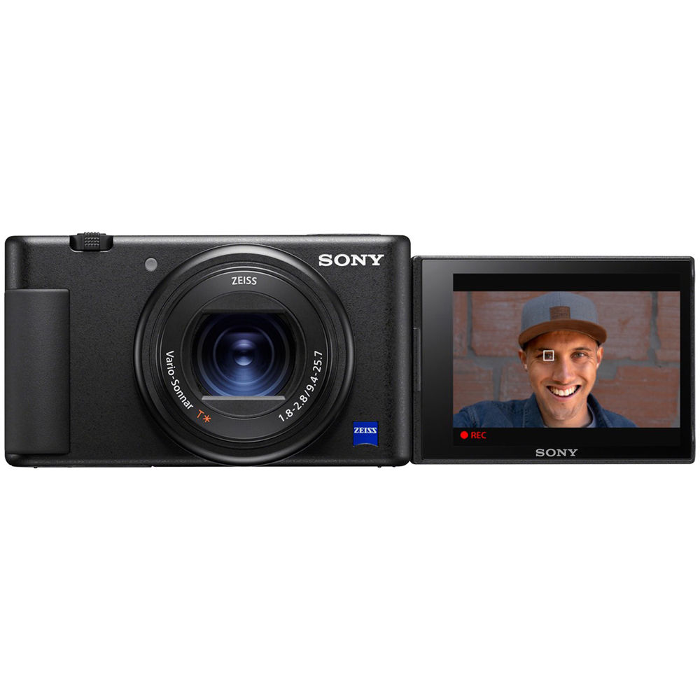 Sony ZV-1 video camera with compact design, front view showing lens and controls, ideal for vlogging and high-quality video recording.