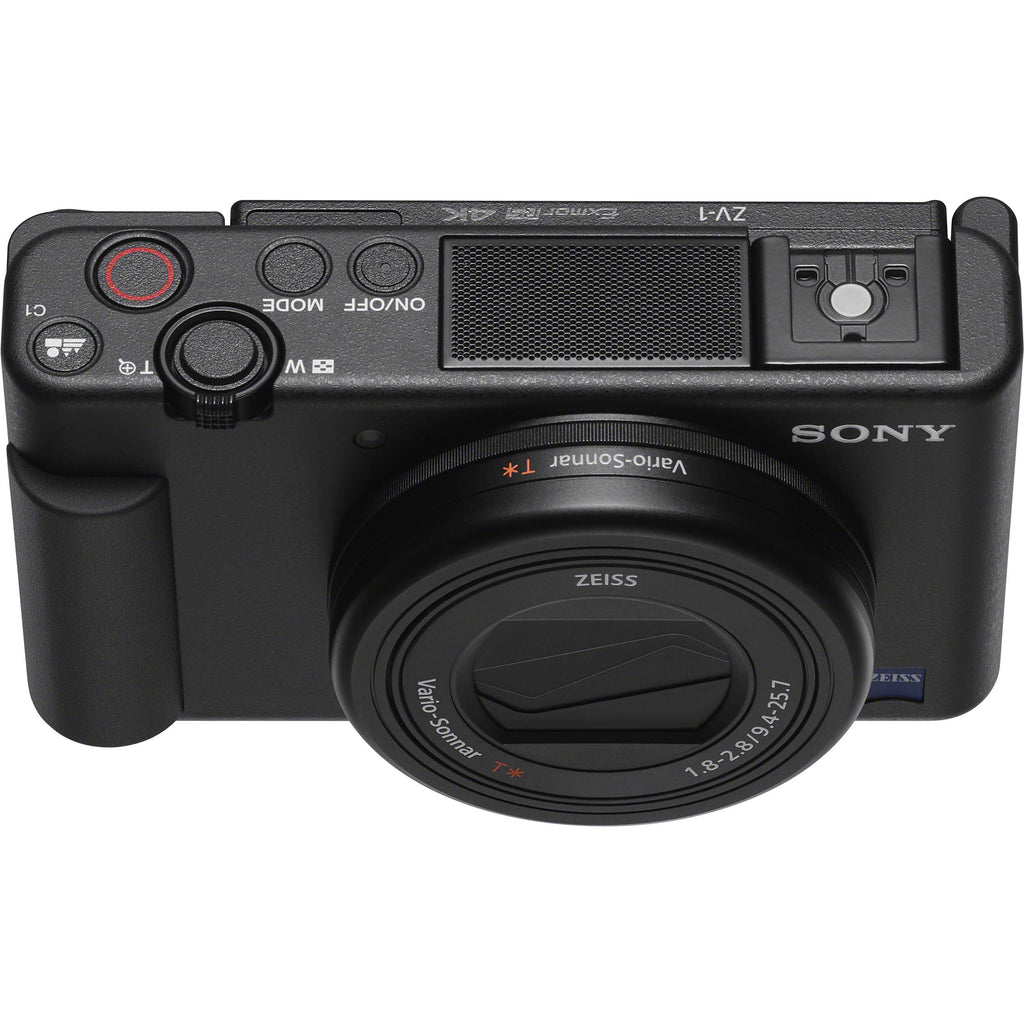 Sony ZV-1 compact video camera with lens, flip-out screen, and built-in microphone for high-quality vlogging and content creation.