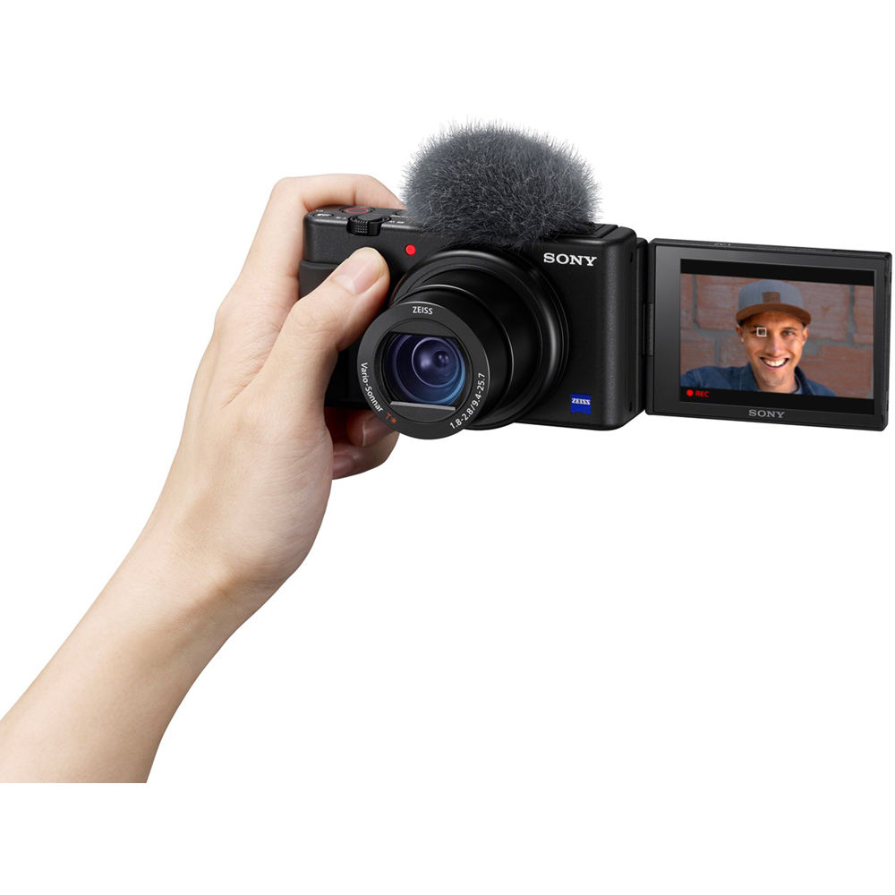 Sony ZV-1 compact video camera with flip-out screen and built-in microphone for high-quality vlogging and content creation.