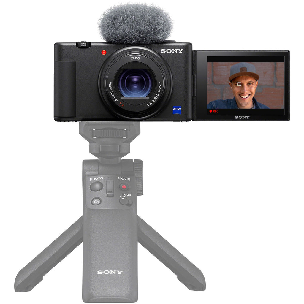 Sony ZV-1 video camera showing front view with lens and controls, ideal for vlogging and content creation.