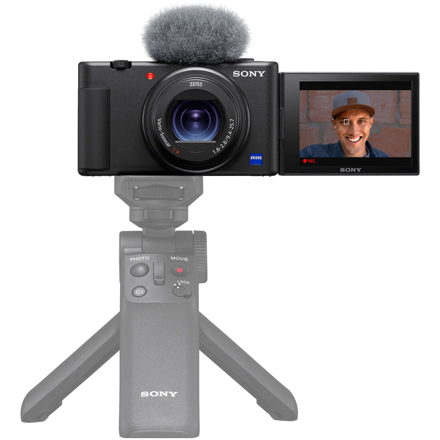 Sony ZV-1 video camera showing front view with lens and controls, ideal for vlogging and content creation.