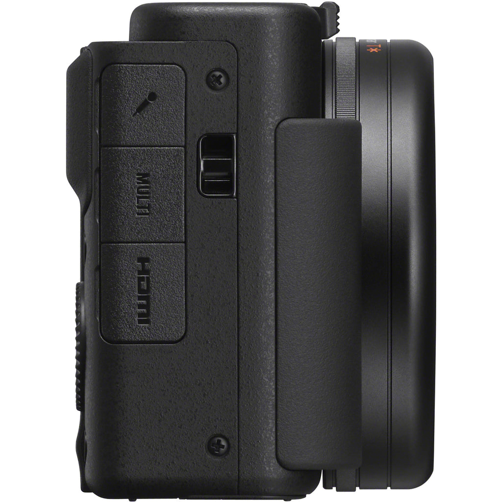 Sony ZV-1 video camera with compact design, lens, and recording controls, ideal for vlogging and high-quality video recording.