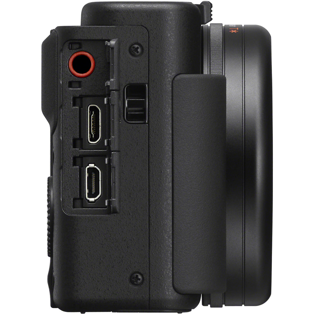 Sony ZV-1 video camera with compact design, front lens and controls visible, ideal for vlogging and high-quality video recording.