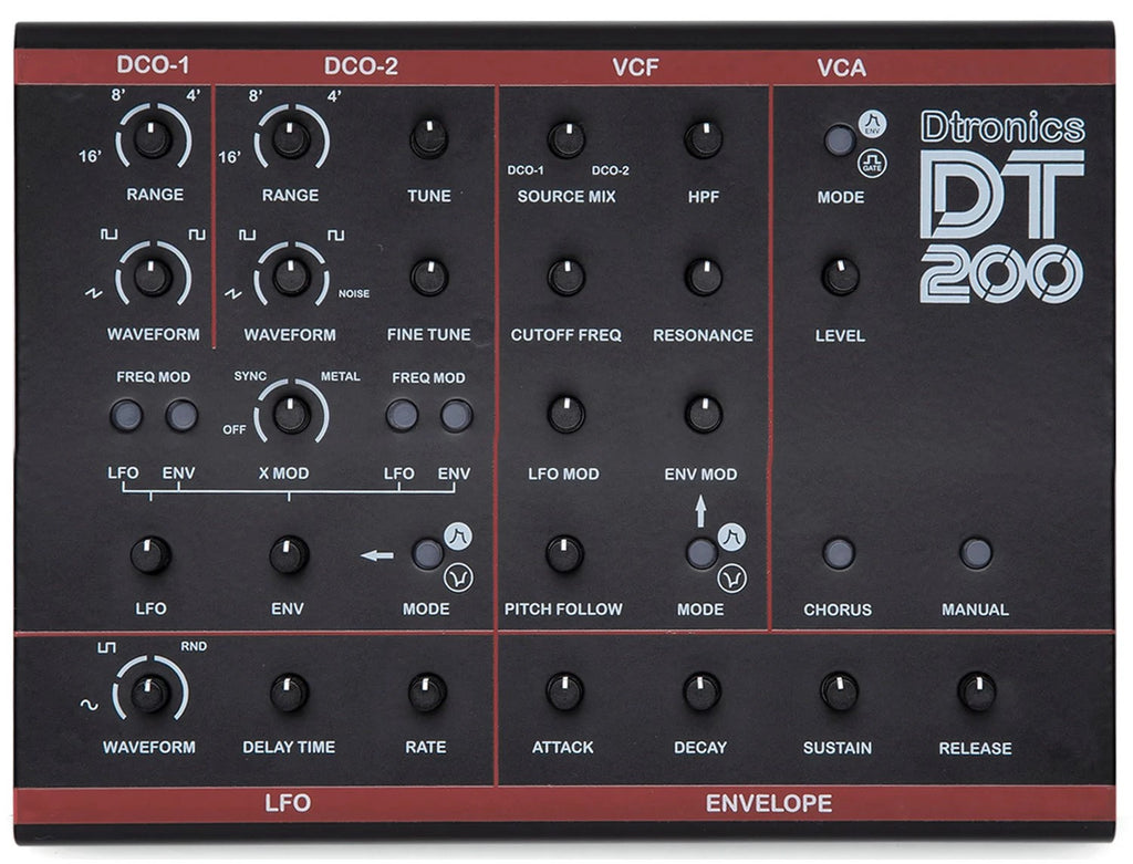 Dtronics DT-200 V3 synthesizer with colorful knobs, buttons, and a digital display, showcasing its control panel.