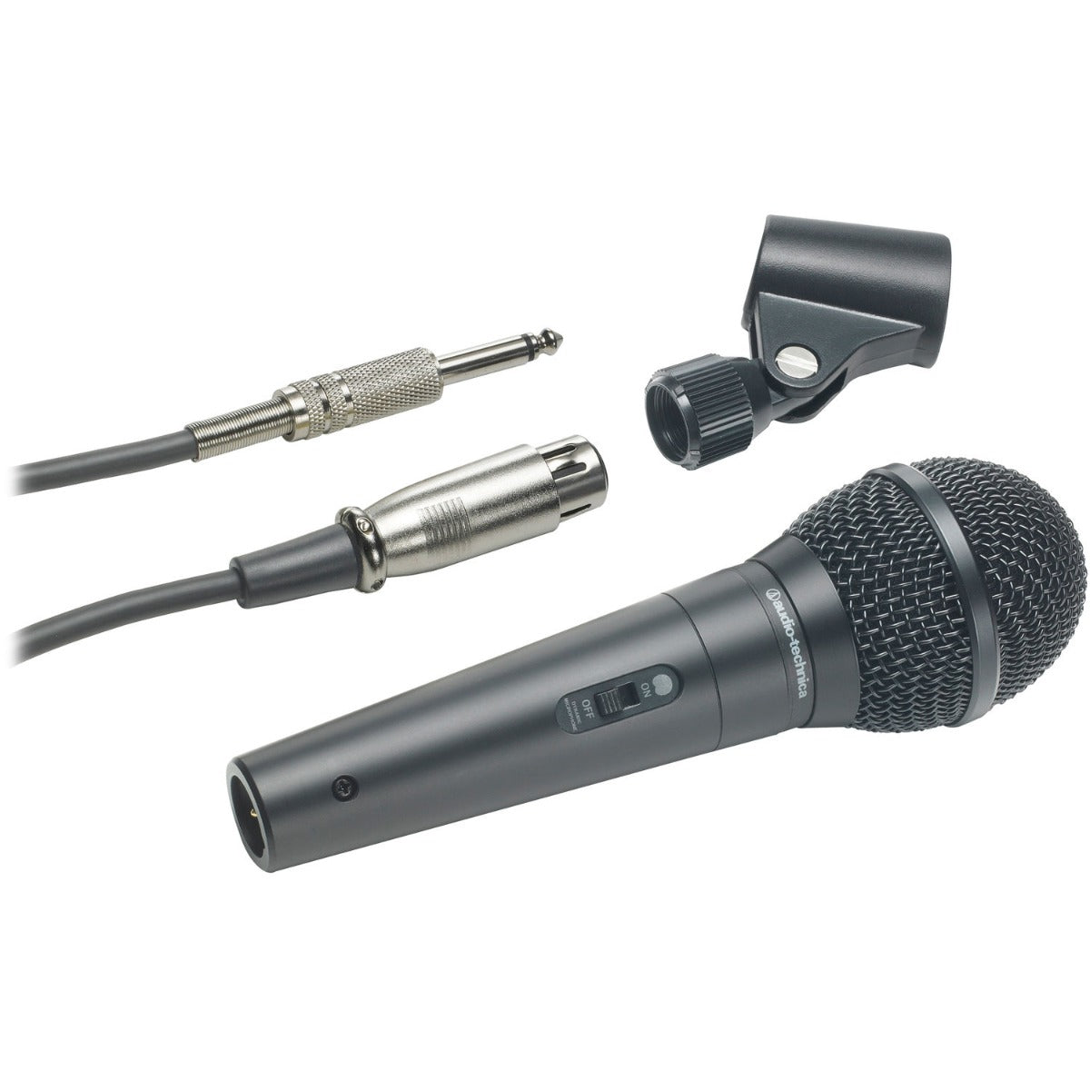 Audio Technica ATR1300x dynamic microphone with a silver finish, mounted on a stand, ready for professional audio recording.