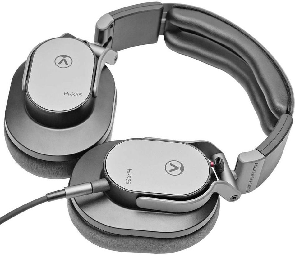 Austrian Audio Hi-X55 studio headphones with large over-ear design, black ear cups, and adjustable headband for professional audio monitoring.
