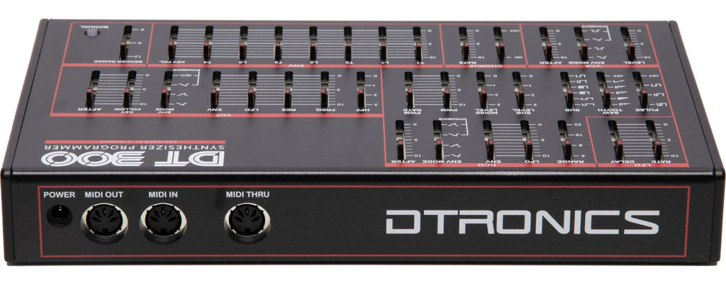 Dtronics DT-300 V2 synthesizer with knobs and keys, showcasing its compact electronic music instrument design.